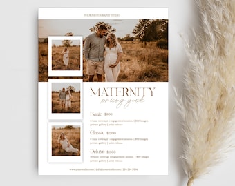 May include: Maternity photography pricing guide with three packages: Basic, Classic, and Deluxe. Each package includes a different amount of time, images, and a private online gallery. The guide also includes the website and phone number for the photography studio.