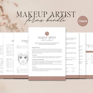 May include: A bundle of makeup artist forms, including client information, service details, and a contract. The forms are printed on white paper with a soft brown border and feature the text "MAKEUP ARTIST forms bundle" and "Canva".