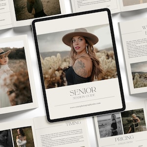 Senior Session Photography Guide CANVA Magazine Template Photography Pricing List Graduation client prep guide Pre-written style guide