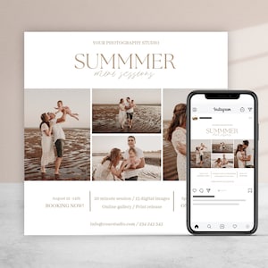 Zomerminisessiesjabloon voor fotografen, fotografie minisessie CANVA-sjabloon, sociale mediasjabloon, marketingbord voor fotosessies
