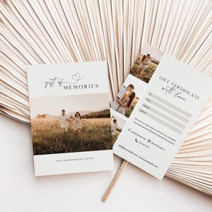 May include: A gift certificate for photography services with the text "Gift Certificate with love" and a couple in a field. The certificate has a space for the recipient's name, the amount of the gift certificate, and the date. The certificate also includes the photographer's website and social media handles.