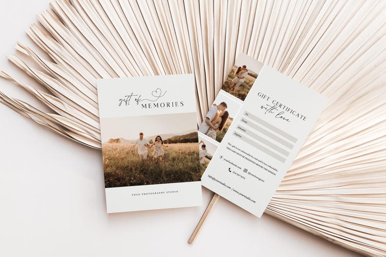 May include: A gift certificate for photography services with the text "Gift Certificate with love" and a couple in a field. The certificate has a space for the recipient's name, the amount of the gift certificate, and the date. The certificate also includes the photographer's website and social media handles.