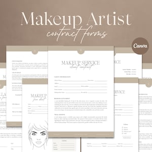 Puede incluir: Un conjunto de formularios de contrato para maquilladores, con una paleta de colores neutros en blanco y beige. Los formularios incluyen secciones para información del cliente, detalles del servicio y políticas de cancelación. El texto "Makeup Artist contract forms" se muestra en la parte superior.