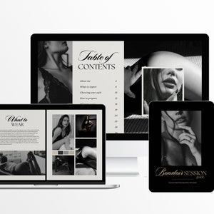 May include: A digital guide for boudoir photography sessions. The guide is displayed on a laptop, desktop computer, and tablet. The guide includes a table of contents, a section on what to wear, and a cover image with the text "Boudoir Session Guide".