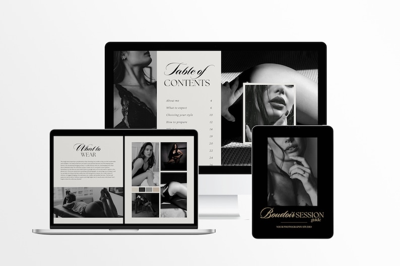 May include: A digital guide for boudoir photography sessions. The guide is displayed on a laptop, desktop computer, and tablet. The guide includes a table of contents, a section on what to wear, and a cover image with the text "Boudoir Session Guide".