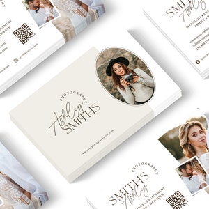 Modelo de cartão de visita fotográfico, cartão de visita de fotógrafo, MODELO CANVA, código QR de cartão de visita fotográfico, folheto de marketing