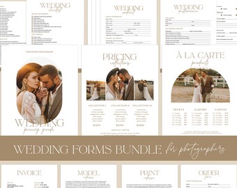 Puede incluir: Un conjunto de formularios de boda imprimibles para fotógrafos, que incluyen una lista de verificación, un contrato, un cuestionario, una guía de precios, productos a la carta, una factura, una autorización de modelo, una autorización de impresión y un formulario de pedido. Los formularios están diseñados en un estilo minimalista con un esquema de color marrón y blanco.
