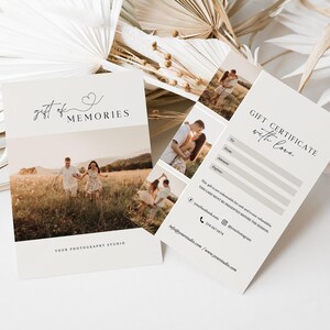 May include: Gift certificate for a photography studio with a white background and black text. The text reads "Gift Certificate with Love". The certificate has a space for the recipient's name, address, and the occasion. The back of the certificate has a photo collage of a family and a couple in a field. The text "gift of memories" is on the front of the certificate.