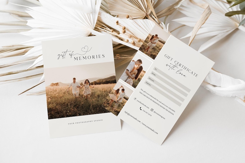 May include: Gift certificate for a photography studio with a white background and black text. The text reads "Gift Certificate with Love". The certificate has a space for the recipient's name, address, and the occasion. The back of the certificate has a photo collage of a family and a couple in a field. The text "gift of memories" is on the front of the certificate.