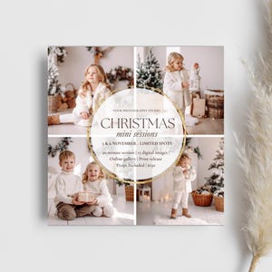 Könnte beinhalten: Quadratisches Werbebild für ein Fotostudio mit vier Fotos von Kindern in weihnachtlicher Umgebung. Das Bild hat ein goldenes kreisförmiges Design mit dem Text "CHRISTMAS mini sessions". Der Text enthält auch die Daten, Session-Details und Requisiten.