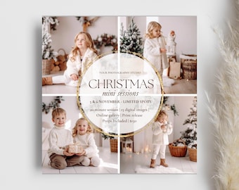 May include: A square promotional image for a photography studio featuring four photos of children in a Christmas setting. The image has a gold circular design with the text "CHRISTMAS mini sessions". The text also includes the dates, session details, and props.
