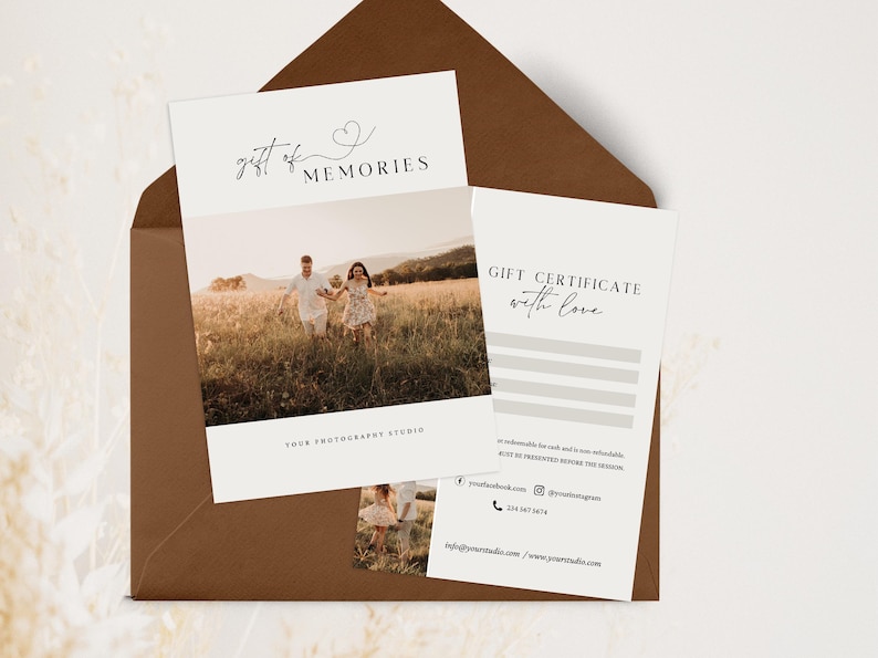 May include: A white gift certificate with the text "GIFT CERTIFICATE with love" and a photo of a couple in a field. The certificate is for a photography studio called "gift of MEMORIES".
