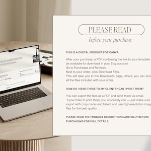 May include: A laptop displaying a website with the text "Editable Marketing Template to Build Your Brand!" sits on a light-colored wooden table. A text block on the right reads "PLEASE READ before your purchase."