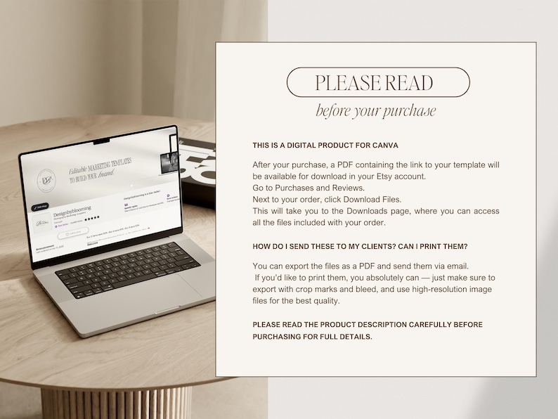 May include: A laptop displaying a website with the text "Editable Marketing Template to Build Your Brand!" sits on a light-colored wooden table. A text block on the right reads "PLEASE READ before your purchase."