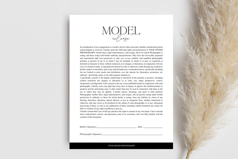 May include: A white Model Release document with black text, including the title and signature lines. The document is on a white background, with a decorative dried plant in the background. The document is for Your Studio Photography.