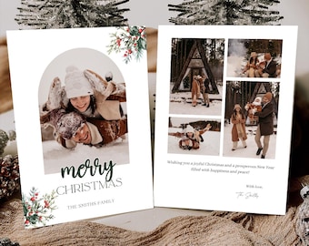 May include: Christmas cards with family photos and the text "merry CHRISTMAS" and "THE SMITHS FAMILY". The cards have a winter theme with images of people in winter clothing. The cards are decorated with green and red floral accents.