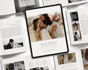 May include: A wedding photography guide with a couple embracing on the cover. The guide includes information on the ceremony, couple portraits, and more. The website address is www.yourphotographysite.com.