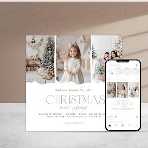 Könnte beinhalten: Werbebild für Weihnachts-Mini-Fotoshootings. Das Bild zeigt ein junges Mädchen in einem weißen Kleid, eine Familie und ein Smartphone mit den Details der Sitzung. Der Text lautet "CHRISTMAS Mini Sessions".