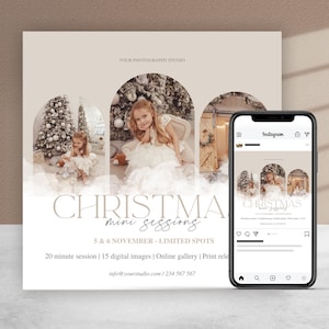 Peut inclure: Une affiche promotionnelle pour des séances photos miniatures de Noël. L'affiche présente un fond blanc avec un design festif et un texte qui dit "Christmas mini sessions" avec les dates "5 & 6 novembre - Places limitées". L'affiche comprend également des informations sur la séance, telles que la durée, le nombre d'images numériques et les coordonnées.