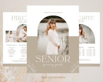 Modèle de guide de tarification pour la photographie senior, liste de prix Photoshop modifiable