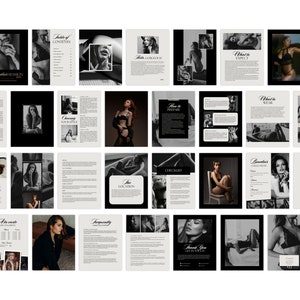 May include: A black and white guidebook with the title "Boudoir Session" on the cover. The guidebook includes information on choosing your style, preparing for the session, and what to wear. The guidebook also includes a checklist and a list of the photographer's favorite poses.