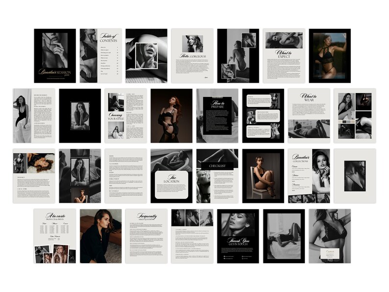 May include: A black and white guidebook with the title "Boudoir Session" on the cover. The guidebook includes information on choosing your style, preparing for the session, and what to wear. The guidebook also includes a checklist and a list of the photographer's favorite poses.
