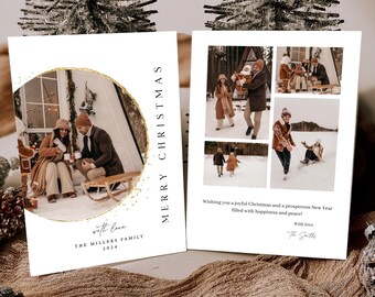 May include: Christmas cards with family photos and the text "Merry Christmas." One card features a couple, the other a collage of family photos. The cards include the text "Wishing you a joyful Christmas and a prosperous New Year."
