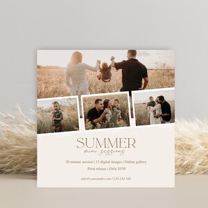 Può includere: Un volantino che pubblicizza mini sessioni fotografiche estive. Il volantino presenta un collage di foto di una famiglia in un campo. Il testo sul volantino recita "SUMMER mini sessions", "20 minute session | 15 digital images | Online gallery", "Print release | Only 150 €", e "yourstadio.com/234234546".