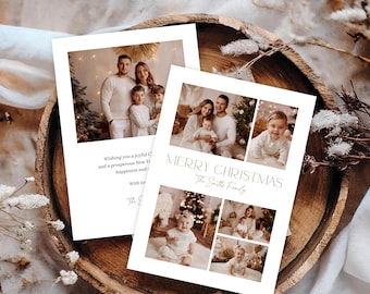 May include: A white Christmas card with a collage of family photos. The card reads "Merry Christmas, The Smiths Family".