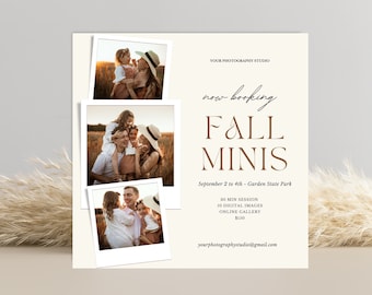 Könnte beinhalten: Ein Flyer, der Herbst-Familienfoto-Minisessions bewirbt. Der Flyer zeigt drei Polaroid-ähnliche Fotos einer Familie auf einem Feld. Der Text lautet "now booking FALL MINIS" und enthält Details zur Session, einschließlich Datum, Uhrzeit, Ort und Preis.
