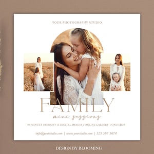 Può includere: Un volantino bianco con sfondo marrone e testo dorato. Il volantino pubblicizza mini sessioni familiari per 150 €. Il volantino include foto di una madre e sua figlia in un campo. Il testo recita "YOUR PHOTOGRAPHY STUDIO", "FAMILY", "mini sessions", "30 MINUTE SESSION | 15 DIGITAL IMAGES | ONLINE GALLERY | ONLY 150 €", "info@yourstudio.com | yourstudio.com | 123 567 5678", e "DESIGN BY BLOOMING".