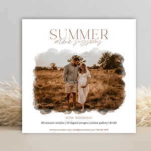 Könnte beinhalten: Ein weißer Flyer mit einem Aquarellhintergrund, der ein Paar auf einem Feld zeigt. Der Text lautet "SUMMER mint sessions" und "NOW BOOKING! 30 Minuten Session | 10 digitale Bilder | Online Galerie | 150 € www.yourstudio.com info@yourstudio.com | 94 456 5678"