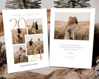 May include: Christmas cards with family photos. The front card reads "Merry Christmas 2024" with family photos. The back card has a photo of a mother and child and a holiday message. The cards are on a neutral background.
