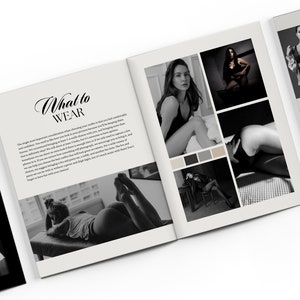 May include: A black and white photo book with the title "What to Wear" on the cover. The book features a variety of images of women in different poses and outfits. The text on the cover is in a cursive font.