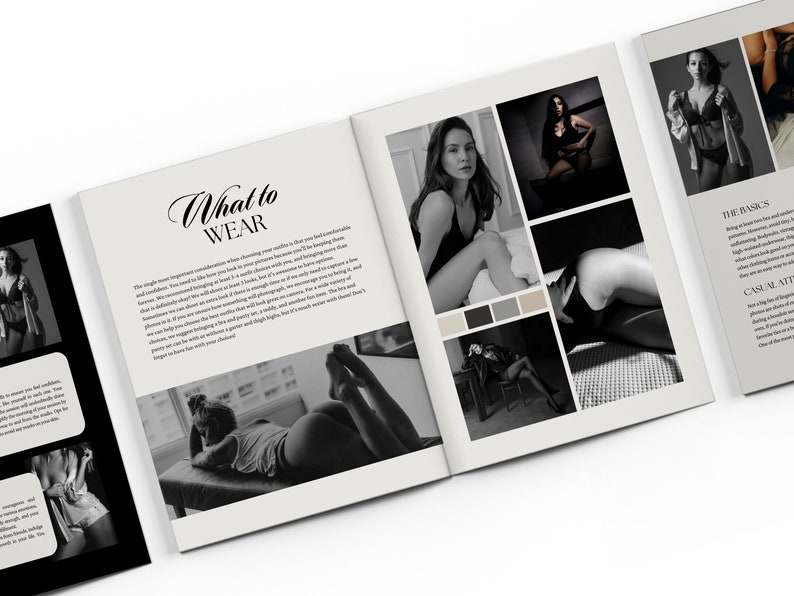 May include: A black and white photo book with the title "What to Wear" on the cover. The book features a variety of images of women in different poses and outfits. The text on the cover is in a cursive font.