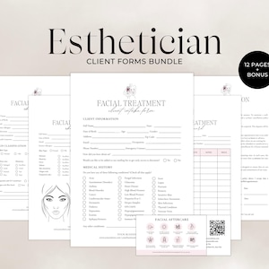 Op de afbeelding: Een bundel esthetician-klantformulieren, waaronder een intakeformulier voor gezichtsbehandelingen, met een minimalistisch ontwerp. De formulieren zijn wit met zwarte tekst en roze accenten. De bundel bevat 12 pagina's plus een bonus.