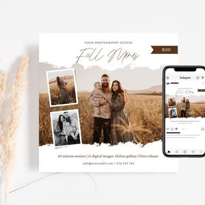Può includere: Annuncio per uno studio fotografico con un ritratto di famiglia e il testo "Fall Memos". L'annuncio include un cartellino del prezzo di 138€. Uno smartphone mostra lo stesso annuncio su una pagina Instagram. Sono incluse anche due foto di famiglia più piccole.