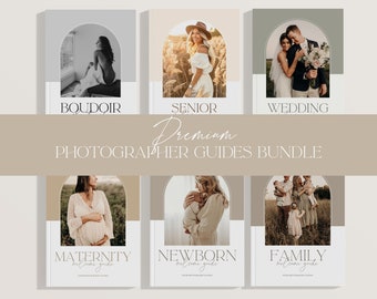 Peut inclure: Un ensemble de six guides de photographie numérique pour les photographes. Les guides sont intitulés "Boudoir", "Senior", "Mariage", "Maternité", "Nouveau-né" et "Famille". Chaque guide présente une photo d'un couple ou d'un individu dans un décor différent.