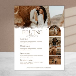 May include: A pricing guide for photography services with four different packages: Basic, Classic, Deluxe, and Premium. Each package includes a different amount of coverage, images, and a private gallery. The guide also includes a website address and phone number.
