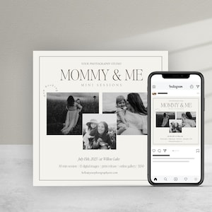 Plantilla de mini sesión de fotos para mamá y yo. Tarjeta de anuncio para sesión de fotos familiar del Día de la Madre. Diseño personalizado. Plantilla lista para descargar en CANVA.