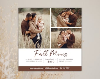 Könnte beinhalten: Ein Flyer, der Herbst-Familienfoto-Minisessions bewirbt. Der Flyer zeigt drei Fotos einer Familie mit einem kleinen Kind auf einem Feld. Der Text auf dem Flyer lautet "Fall Minis", "30 Minute Session", "15 Digital Images", "November 3-4", "200 €", "Online Gallery", "Print Release", "www.yourstudio.com", "info@yourstudio.com", "94 456 5678" und "Design by Blooming".