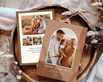 May include: Two rectangular holiday greeting cards featuring family photographs. The cards have a brown background with gold accents and white text that reads MERRY CHRISTMAS, The Smiths Family, and 2024. The cards display multiple family photos.