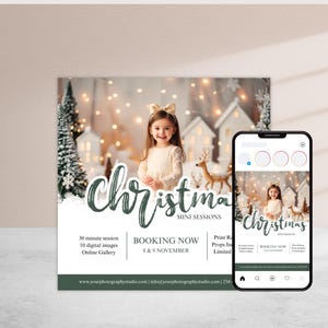 May include: An advertisement for Christmas mini photo sessions. The image shows a young girl in a cream dress, a festive backdrop, and the word "Christmas" in a script font. A smartphone displays the same image.