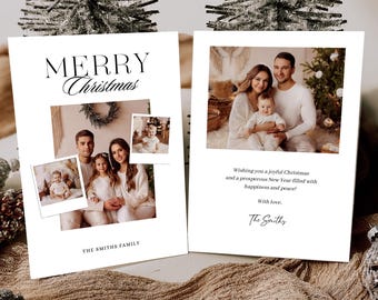 May include: Two white rectangular Christmas cards featuring family photographs. The left card displays the text MERRY Christmas and THE SMITHS FAMILY. The right card shows a family photo with the text Wishing you a joyful Christmas and a prosperous New Year filled with happiness and peace! With love, The Smiths.