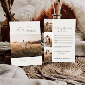 May include: A gift certificate for a photography studio with a couple in the background. The certificate says "Gift Certificate with Love" and includes contact information for the studio.