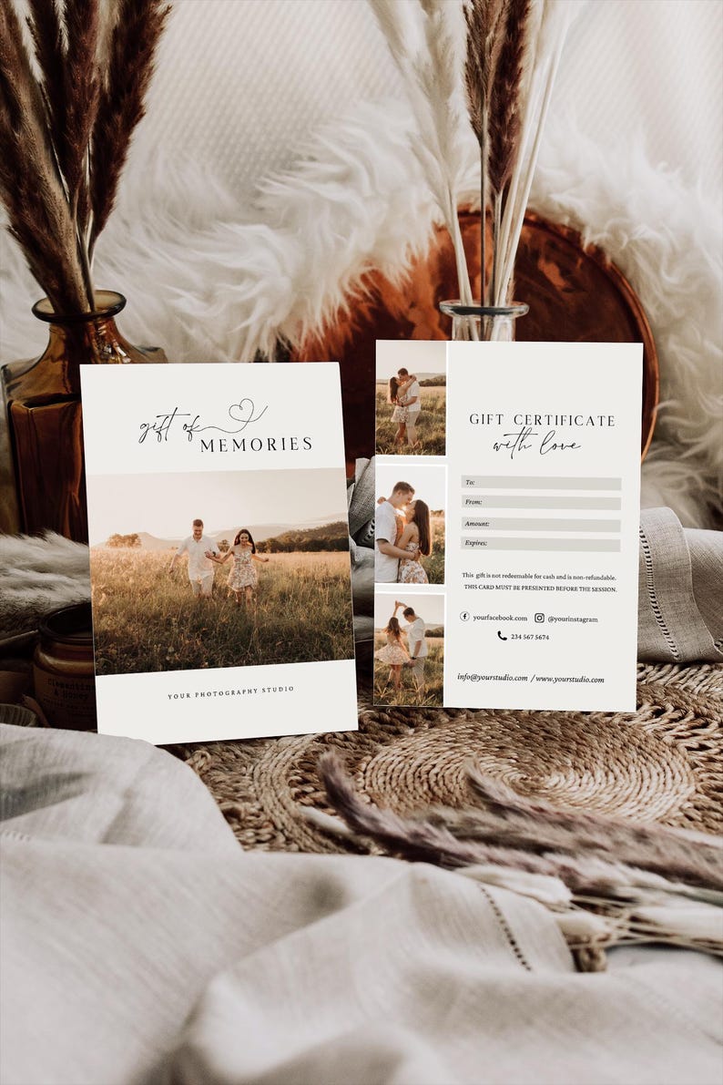 May include: A gift certificate for a photography studio with a couple in the background. The certificate says "Gift Certificate with Love" and includes contact information for the studio.
