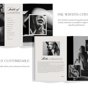 May include: A black and white photo book mockup with a table of contents, a welcome message, and several images of a woman. The text on the cover reads "Table of Contents". The welcome message reads "Hello, Gorgeous!" The book is fully customizable and you can edit colors, text, elements, fonts, etc.