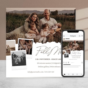 Puede incluir: Un folleto blanco con un collage de fotos de una familia en un campo. El folleto anuncia una sesión de fotos "Fall Minis" el 5 y 6 de noviembre en Grace Lake. El folleto incluye el texto "20 minutos de sesión | 15 imágenes digitales | Galería en línea | Liberación de impresión | info@yourstudio.com | 234 245 345".