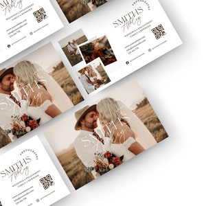 Modèle de carte de visite photo, carte de visite de photographe, modèle CANVA de carte de visite photographie, carte de visite avec code QR, brochure marketing