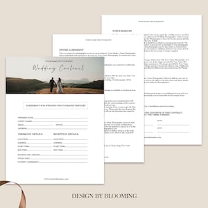 Op de afbeelding: Een huwelijkscontract sjabloon met een foto van een stel dat op een heuvel loopt. Het contract bevat secties voor de huwelijksdatum, de naam van de klant, het adres, de telefoon, de details van de ceremonie, de details van de receptie, de boekingskosten, de aanbetaling, de totale betaling en de betalingsregeling.
